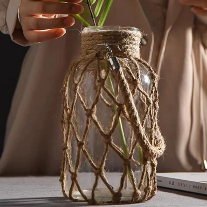 HarborGlow – Rustic Glass Lantern with Rope Netting
