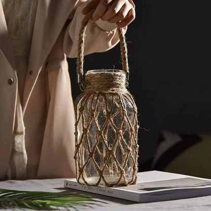 HarborGlow – Rustic Glass Lantern with Rope Netting