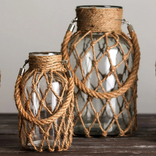 HarborGlow – Rustic Glass Lantern with Rope Netting