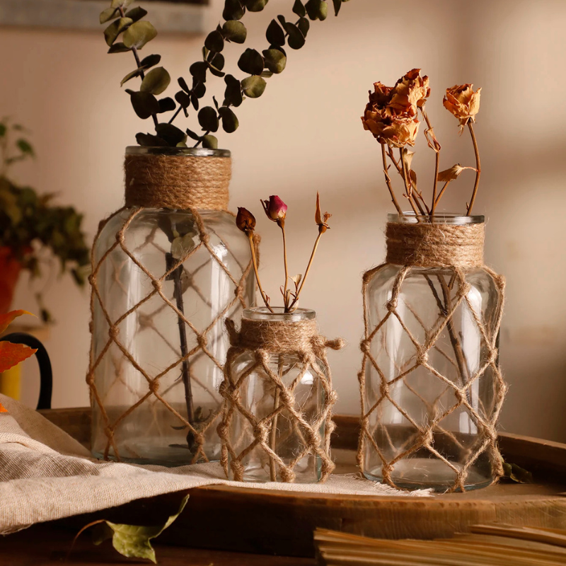 HarborGlow – Rustic Glass Lantern with Rope Netting