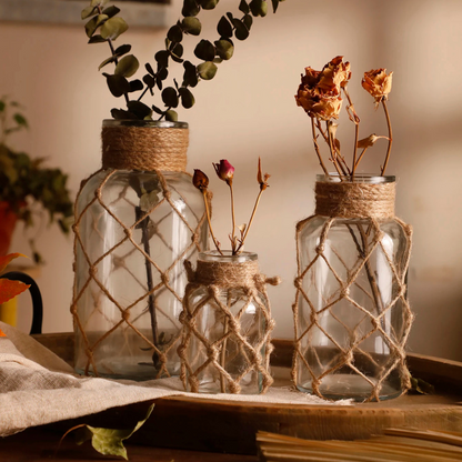 HarborGlow – Rustic Glass Lantern with Rope Netting